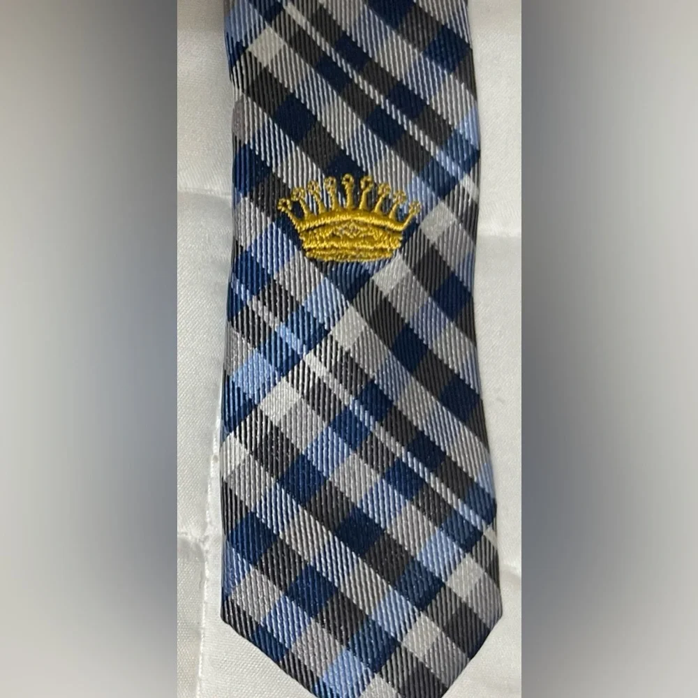 Countess Mara Vintage 100% silk handmade plaid neck tie Blue White Grey Black
